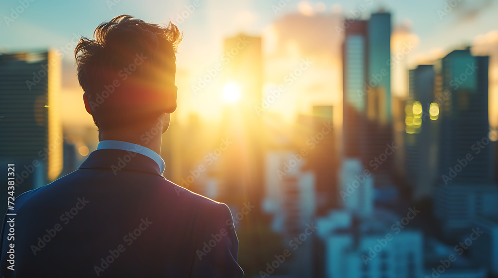 A portrait man with black suit behind looking for town and sky clouds on building top views. Generative AI illustration 