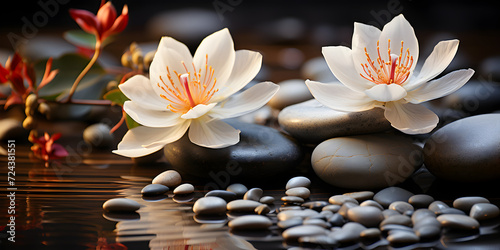 Zen stones by water with flowers