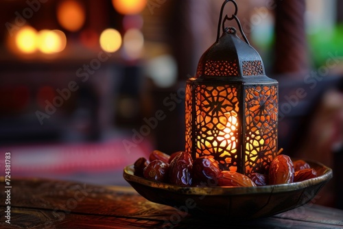 beautifully designed red and gold lantern next to a metal tray full of ripe dates