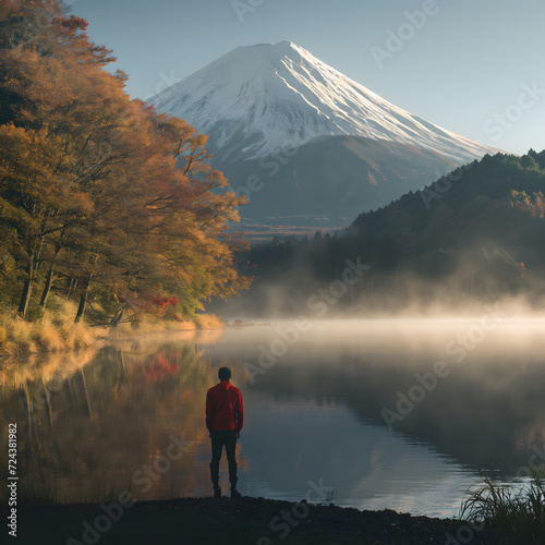 Travel in asia concept, Man stands in front of Mount Fuji, by the lake, in the morning light, Watercolor painting