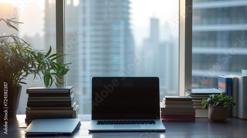 Modern Laptop on Desk with Cityscape View