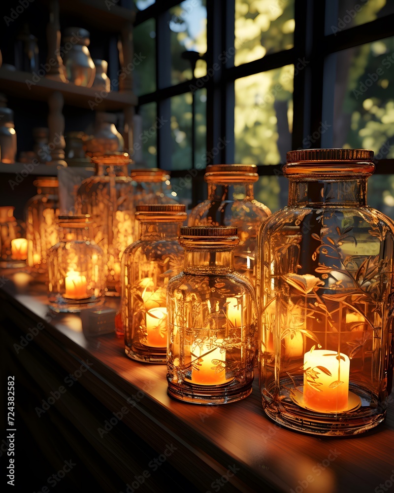 Candles in glass bottles on a shelf in a restaurant, close up