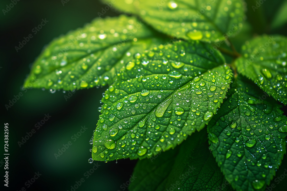 Close-up of fresh water droplets on a vibrant green leaf Close-up of fresh water droplets on a vibrant green leaf