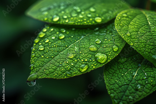 Close-up of fresh water droplets on a vibrant green leaf 