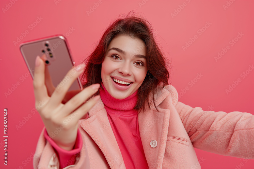 Pretty happy woman in pink jacket and turtleneck isolated on pink background, takes selfie on mobile phone camera app Pretty happy woman in pink jacket and turtleneck isolated on pink background, takes selfie on mobile phone camera app