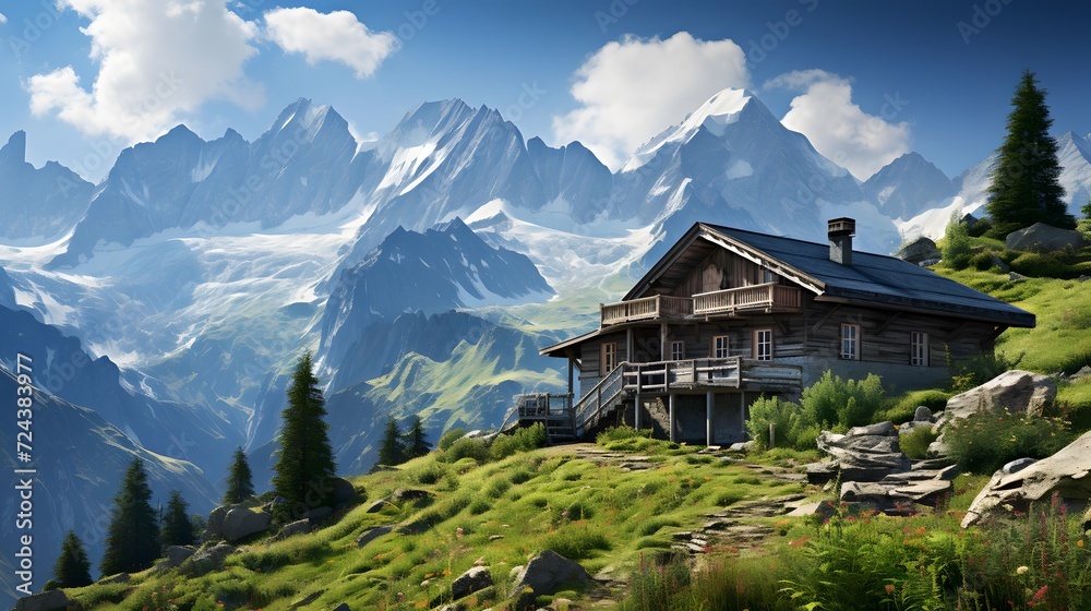 Panoramic view of swiss alps with traditional swiss chalet
