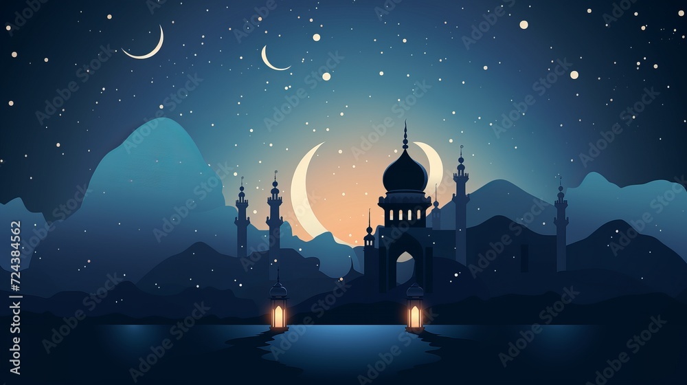 Serene Mosque Silhouette Against Night Sky, Generative AI. Serene Mosque Silhouette Against Night Sky, Generative AI.
