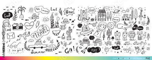 Collection of hand drawn cute doodles,Doodle children drawing,Sketch set of drawings in child style,Funny Doodle Hand Drawn,Page for coloring, cute animal