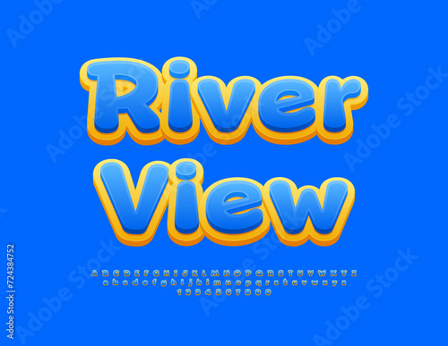 Vector touristic template River View. Blue and Yellow bright Font. Modern Alphabet Letters and Numbers.