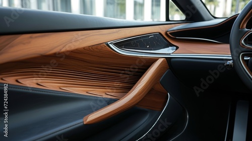 A focus on the wood trim on the door panels displaying the contrast between the sleek wood and the soft leather upholstery.