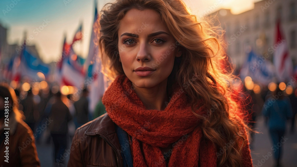 Beautiful blonde girl with long curly hair in a red scarf on the background of the flags of the Russian Federation.