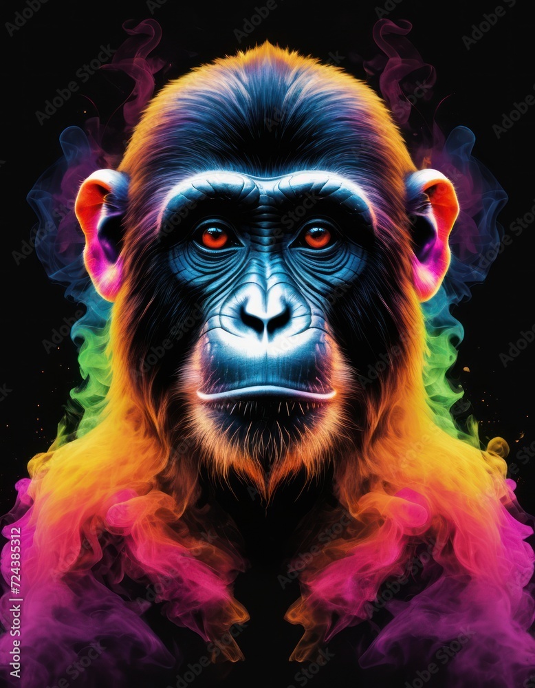 Minimalist neon line logo head of monkey with smoke effects