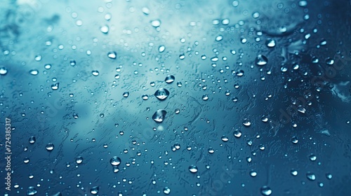 Macro Dew Drop on Window s in Blue, Closeup Rain Wallpaper, Color Water Droplets Backdrop, Wet Texture Background, Liquid Beading on Glass