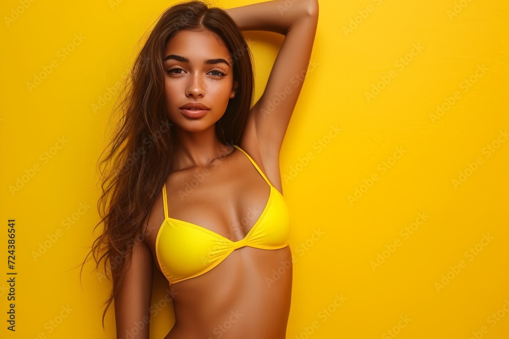 Gorgeous Latina Woman with Tanned Skin and Long Hair Posing in a Yellow Bikini on a Plain Background. Generative AI. Gorgeous Latina Woman with Tanned Skin and Long Hair Posing in a Yellow Bikini on a Plain Background. Generative AI.