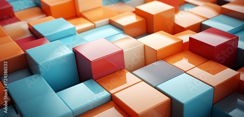 Top-down perspective of a mix of colorful building blocks forming an abstract pattern  with open space for text on a pastel orange surface