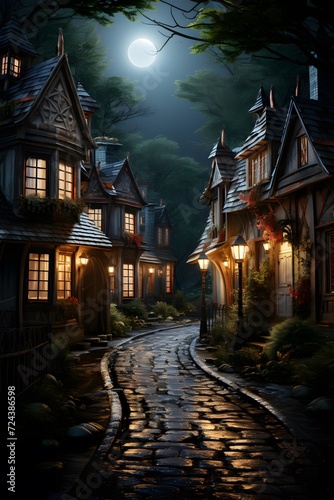 Old town at night in full moon light. Digital painting  3D illustration.