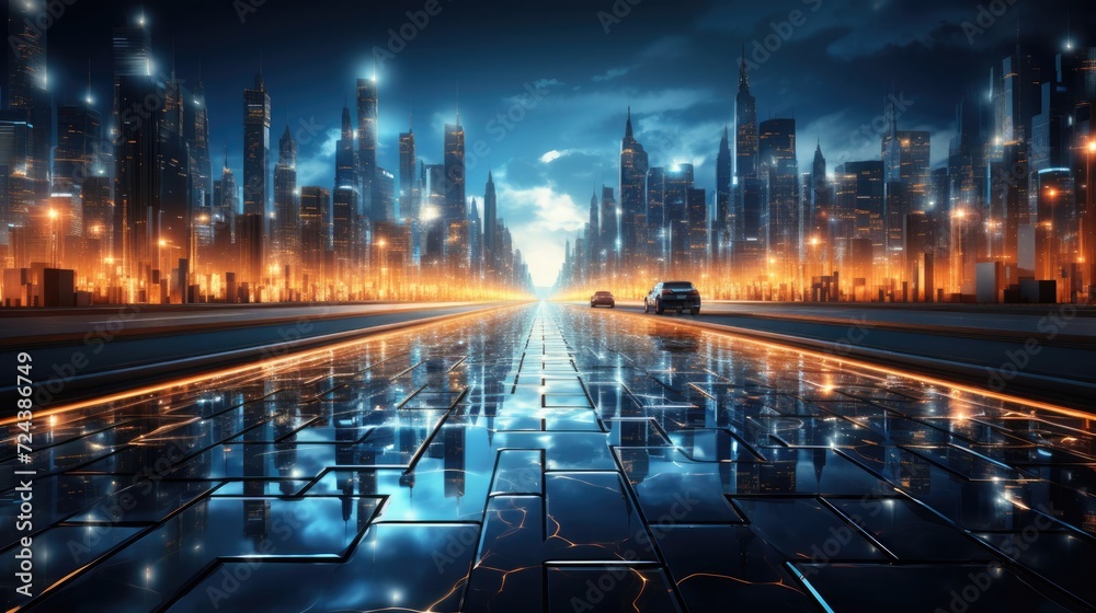 Futuristic city at night with road and lights