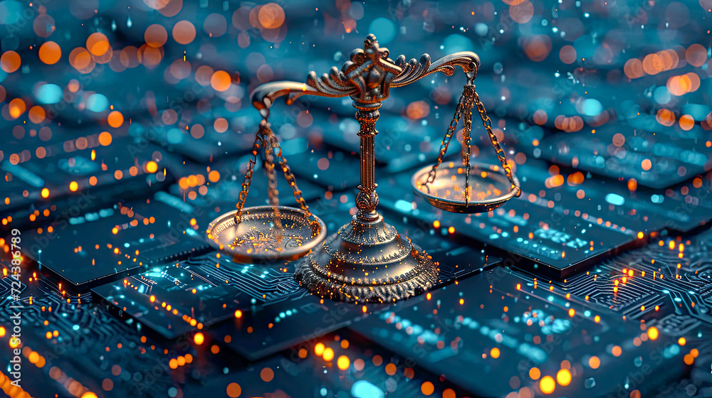 Scales of justice on abstract background with futuristic digital bokeh lights - obrazy, fototapety, plakaty 
