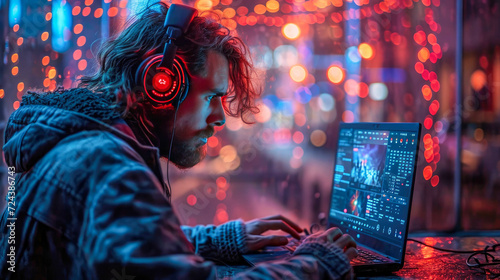 Portrait of young man with headphones and a laptop in the night city
