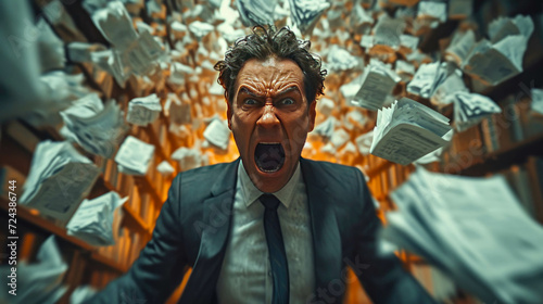 Angry businessman screaming in the office with documents in his hands, papper work