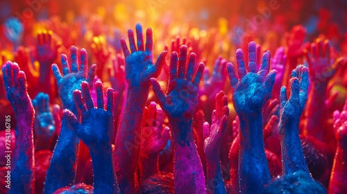 Colorful hands raised up at a music festival. Abstract background