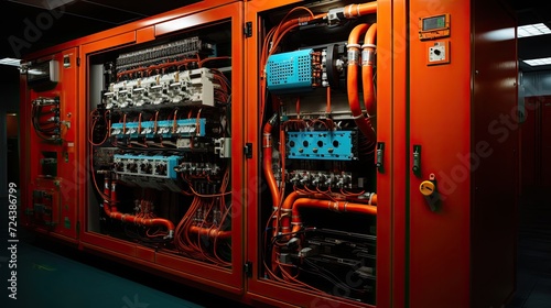 Electrical panel in the control panel of an electrical cabinet cell, low-voltage energy equipment with wires, automatic switches and terminals
