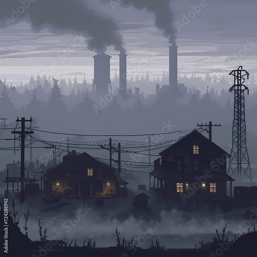 industrial town covered in smog and fog (ID: 724386942)