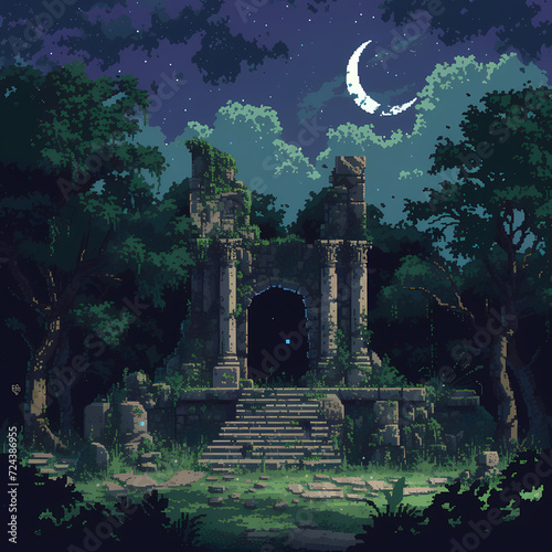 ancient ruins in the forest on a moonlit crescent night (ID: 724386955)