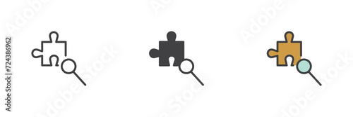 Magnifying glass with a puzzle different style icon set