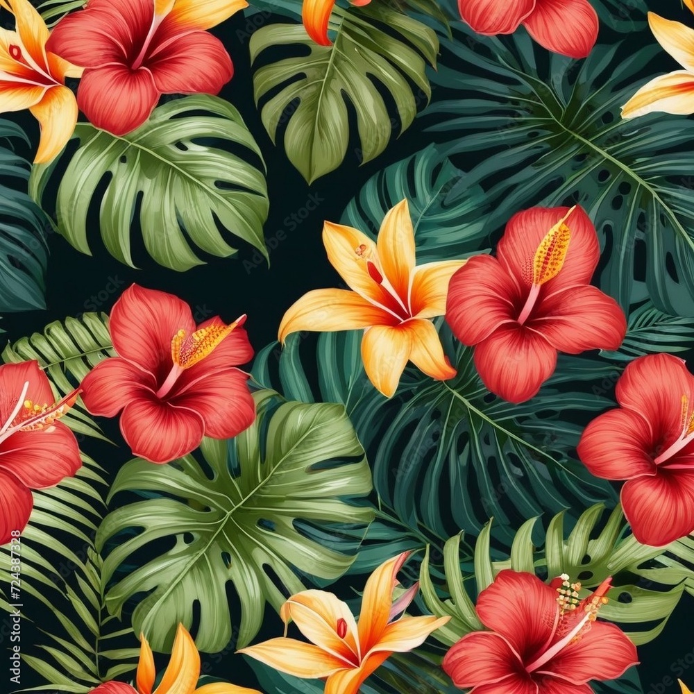Elegancja Tropików: Wzór z Kwiatami Tropikalnymi, Wzór z Kwiatami Tropikalnymi - obrazy, fototapety, plakaty 