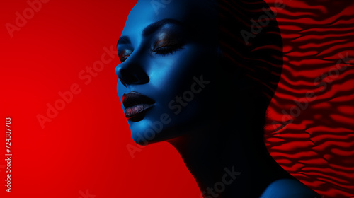 a woman on a red background with her face painted in blue light