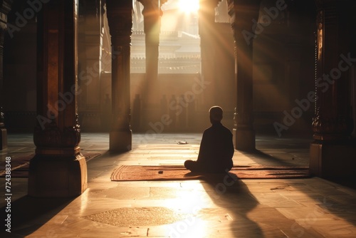 person is silhouetted against the backdrop of sunbeams filtering through the architectural elements of the temple