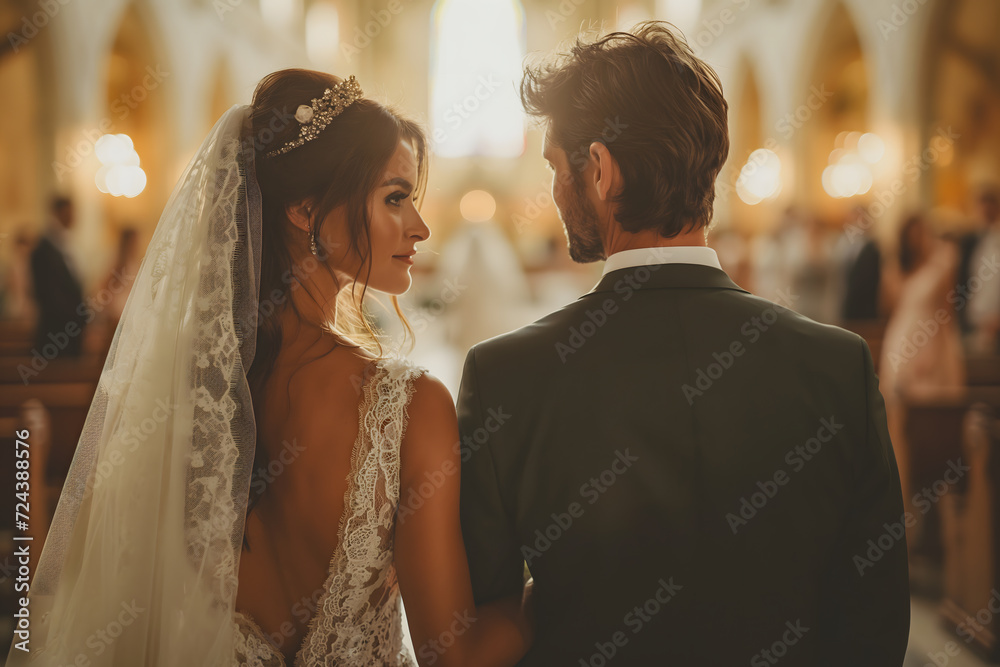 Lover concept, Male and female couple in wedding dresses on Valentine's Day, holding hands and walking forward, with a soft blurred background