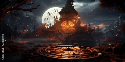 3D illustration of a fantasy landscape with a full moon and a clock
