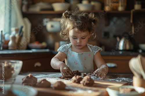 A young girl with a beaming smile is making chocolate cookies  her hands dusted with flour  in a warm  homey kitchen atmosphere.