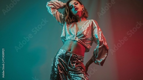 Fashion portrait of a girl in metallic clothes. The trend for metallic clothing in 2024. sequined clothes with a beautiful shine.