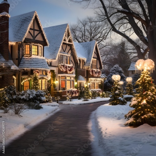 Beautiful cottages in a snowy neighborhood during a winter night