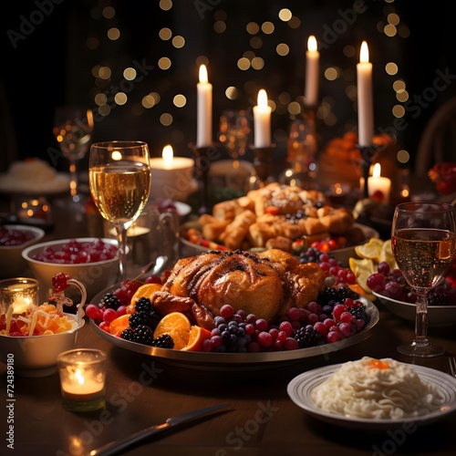 Thanksgiving dinner with roasted turkey, fruits and candles on the table