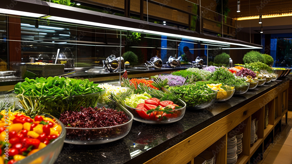 Close up salad bar with various fresh vegetables at a restaurant