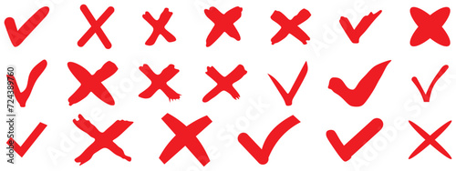 Set hand drawn red checkmark and cross appears. Illustration isolated on white background. photo