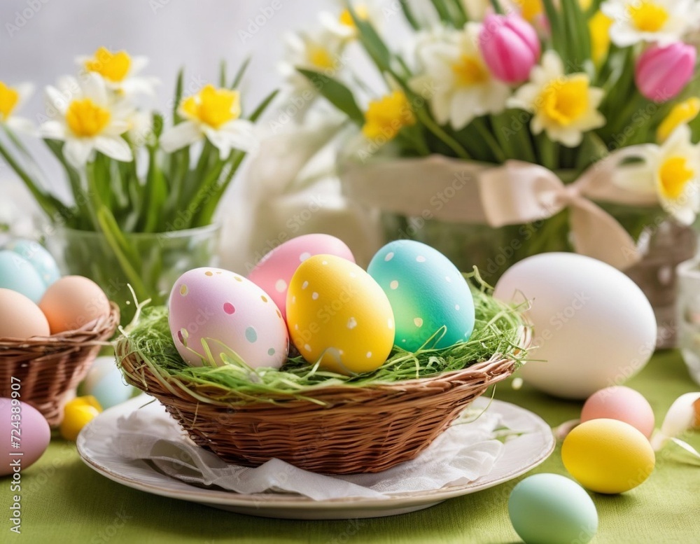 Easter Scene, Festive Decorations, Colorful Eggs