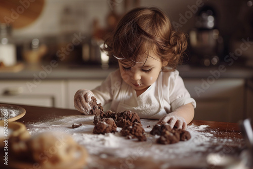 A young girl with a beaming smile is making chocolate cookies, her hands dusted with flour, in a warm, homey kitchen atmosphere.