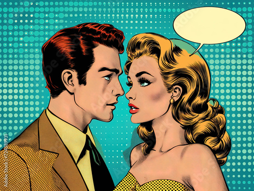 Man and woman having dialogue, comics cartoon pop art retro characters, speech bubble, comic book style illustration