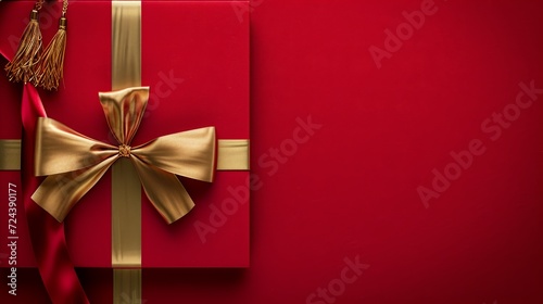 Red and gold luxury gift box with golden ribbon bow on red background