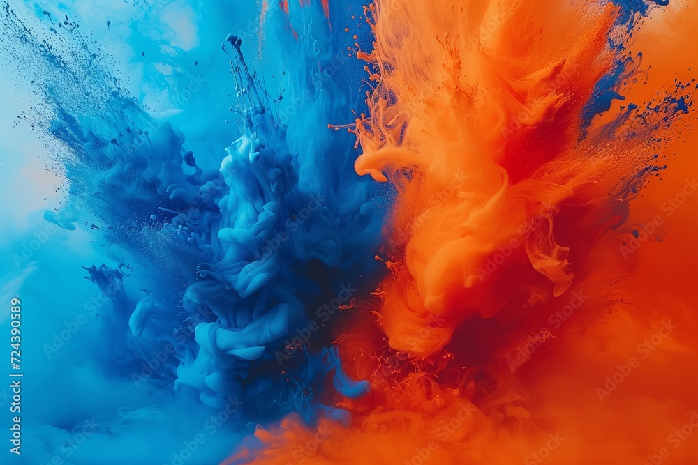 Experience the vibrant encounter of blue and orange in this captivating image, showcasing the explosive beauty of mixing watercolors. The dynamic interplay of colors creates a visually striking