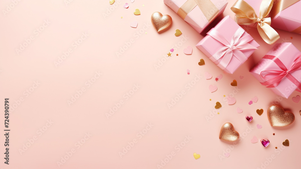 Valentine's day flat lay theme with gift boxes and hearts on a pink background