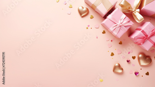 Valentine's day flat lay theme with gift boxes and hearts on a pink background