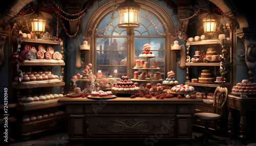 Dessert shop window with sweets and candies. 3d rendering