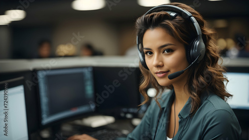 Dedicated female call center operator wearing headset working on computer in call center office.