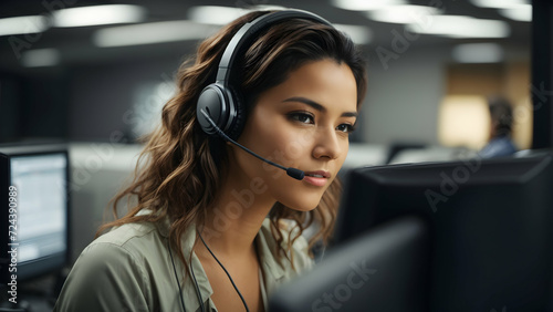 Dedicated female call center operator wearing headset working on computer in call center office.